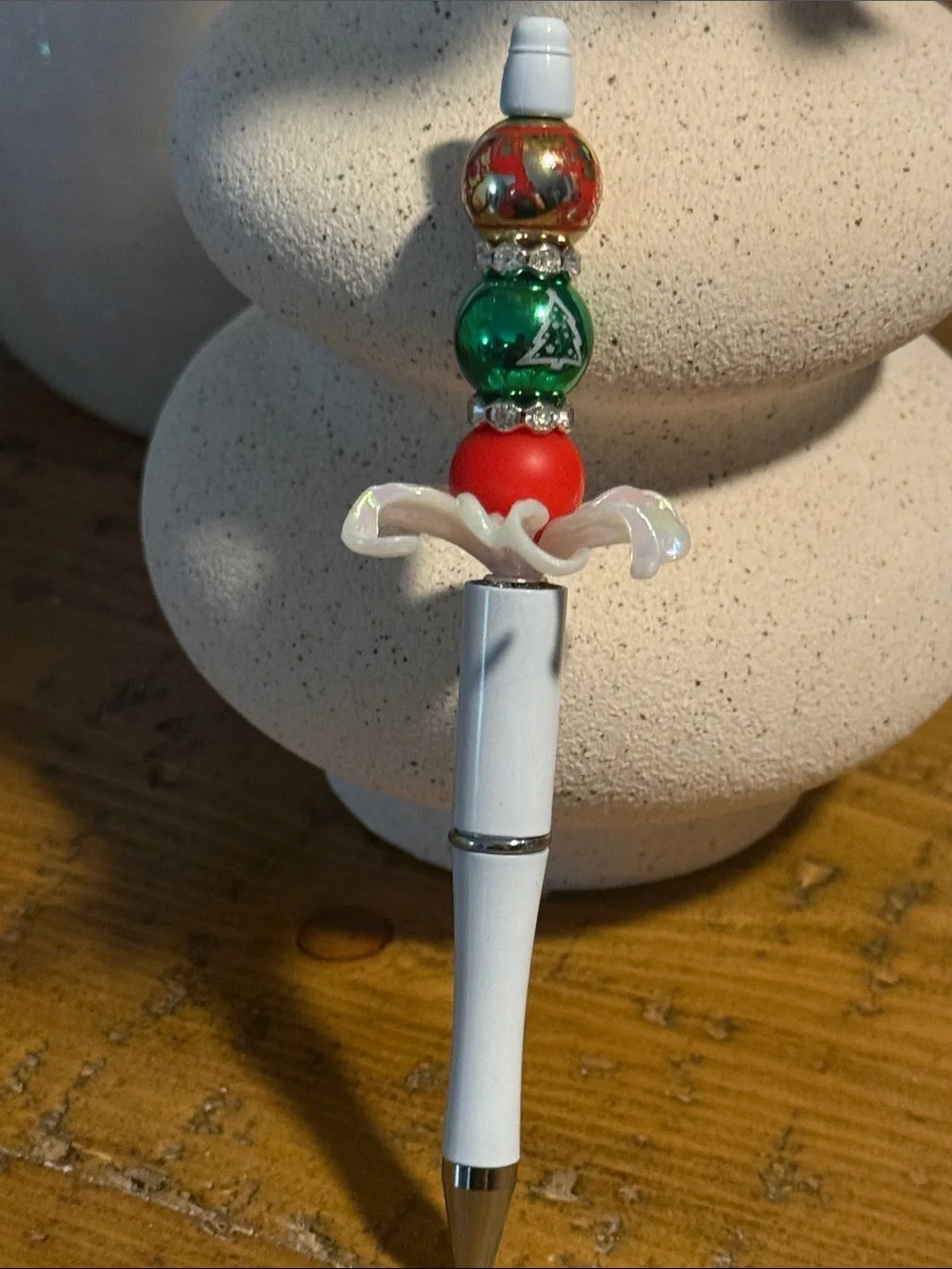 Festive White Bead Pen with Red and Green Accents